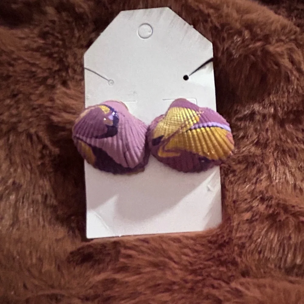 Pink Heart Drop Earrings & Purple/ Hold Shell Stud Earrings-Textured Statement - Picture 2 of 2